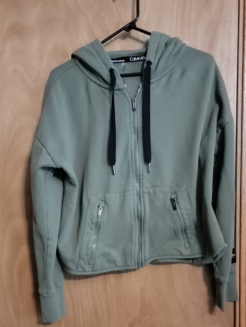 Calvin Klein Olive Green Zip Hoodie with Black Drawcords